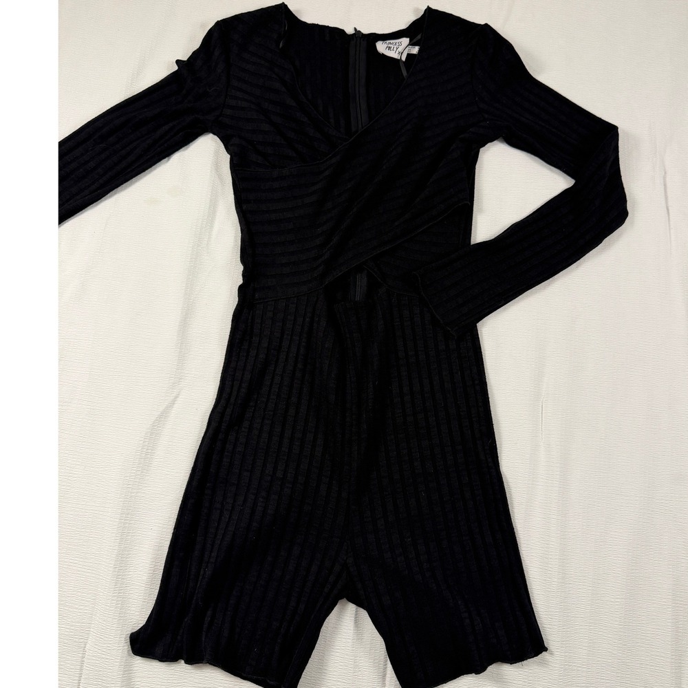 Princess Polly Black Ribbed Long Sleeve Crossover Romper Size US 4